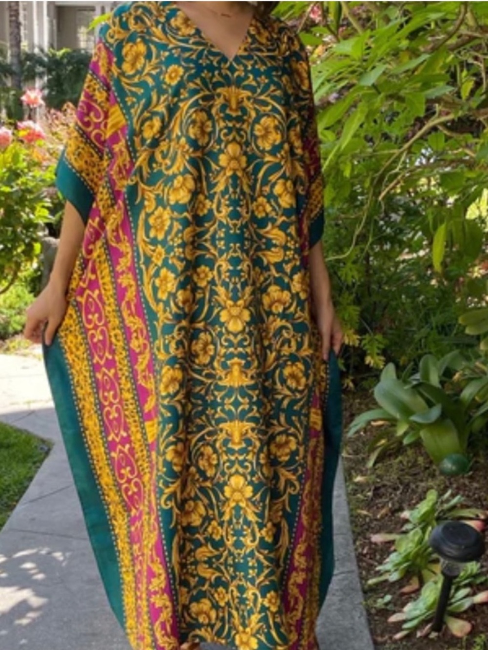 Green & Gold Floral Maxi Caftan Dress with Pink Accents